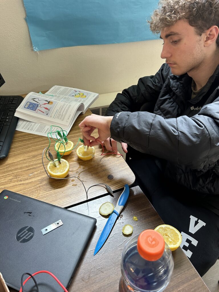 Young man placing electrodes into halved lemons to make a battery.